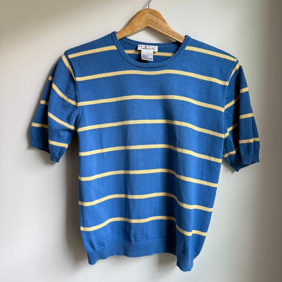 Talbots Vintage Striped Cotton Sweater Blue Yellow Short Sleeve Small - Picture 1 of 6